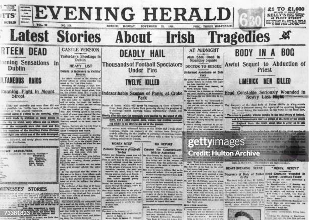 The headline of the Dublin Evening Herald reads 'Latest Stories about Irish Tragedies', 22nd November 1920. The newspaper reports on the massacre at...