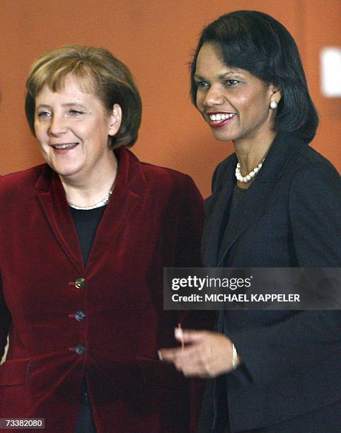 German Chancellor Angela Merkel meets US Secretary of State Condoleezza Rice at the Chancellory in Berlin 21 February 2007, for bilateral talks. The...