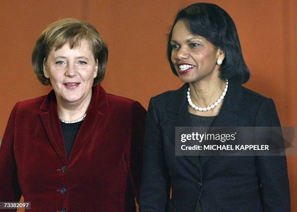 German Chancellor Angela Merkel meets US Secretary of State Condoleezza Rice at the Chancellory in Berlin 21 February 2007, for bilateral talks. The...