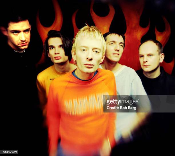 British rock group Radiohead, , singer/guitarist Ed O'Brien, guitarist Jonny Greenwood, lead singer Thom Yorke, bassist Colin Greenwood and drummer...