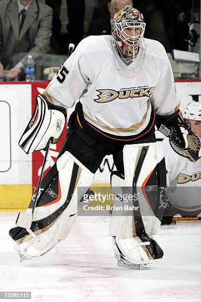 Jean-Sebastien Giguere of the Anaheim Ducks looks on against the Colorado Avalanche on February 13, 2007 at the Pepsi Center in Denver, Colorado. The...