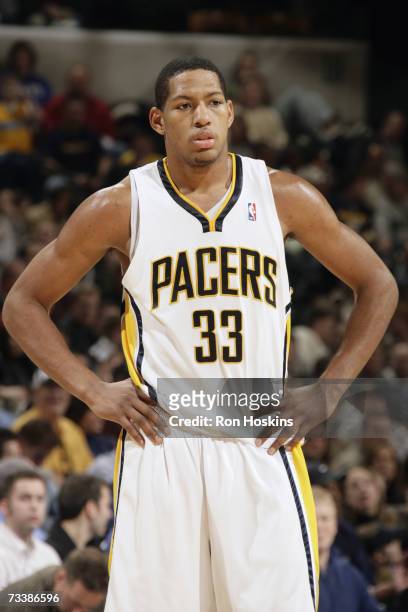 Danny Granger of the Indiana Pacers looks on during a game against the Denver Nuggets at Conseco Fieldhouse on February 9, 2007 in Indianapolis,...
