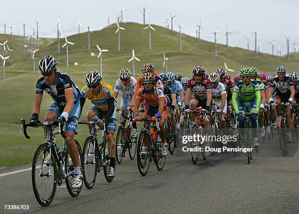 Thomas Danielson and Levi Leipheimer of USA, riding for Discovery Channel Pro Cycling Team, lead the Peloton up Patterson Pass in Stage 3 of the...