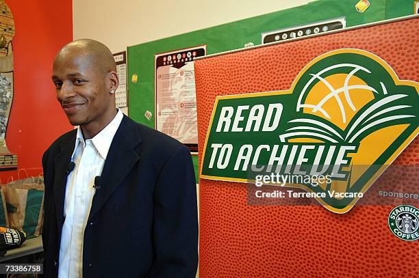 Ray Allen of the Seattle SuperSonics speaks with the media during the special Black History Reading Time-Out on February 21, 2007 at the Garfield...