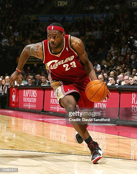 LeBron James of the Cleveland Cavaliers drives to the net against the Toronto Raptors on February 21, 2007 at the Air Canada Centre in Toronto,...