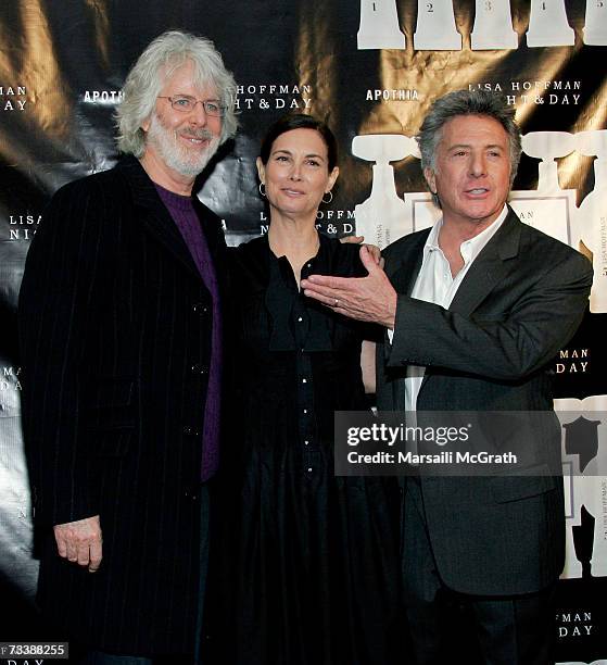 Director Charles Shyer, founder Lisa Hoffman of Night & Day 24 hour Skincare, and husband actor Dustin Hoffman arrive at the launch for Lisa...