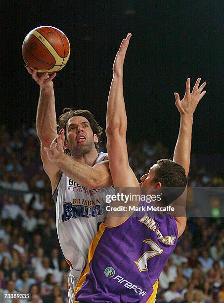 Sam Mackinnon of the Bullets puts up a shot during game two of the NBL semi final series between the Sydney Kings and the Brisbane Bullets at the...