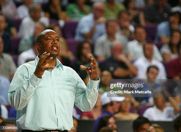 Joey Wright coach of the Bullets yells at his team during game two of the NBL semi final series between the Sydney Kings and the Brisbane Bullets at...