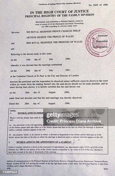 The final divorce papers of Prince Charles, Prince of Wales and his former wife Princess Diana, Princess of Wales, 28th August 1996.