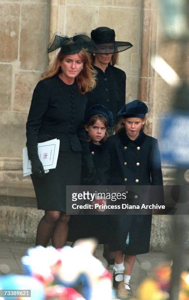 Sarah Ferguson, Duchess of York leaving Westminster Abbey with her two daughters Eugenie and Beatrice after the funeral service for Diana, Princess...