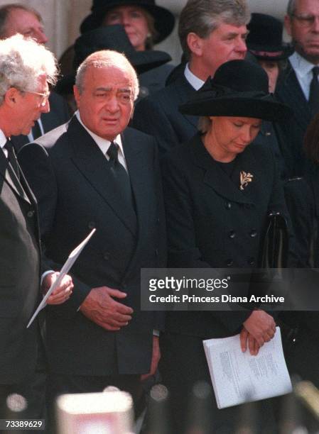 Mohammed Al Fayed and his wife Heini Wathen leaving Westminster Abbey after the funeral service for Diana, Princess of Wales, 6th September 1997. Al...