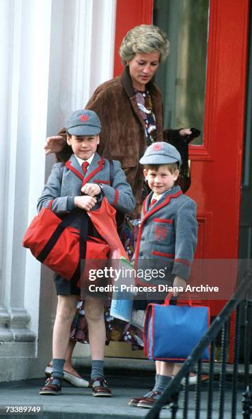 The Princess of Wales outside Wetherby School in London, with her sons William and Harry, April 1990.