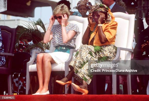 The Princess of Wales attends the Rural Women's Fair in Tafawa Balewa Square, Lagos, with Maryam Babangida, the wife of the Nigerian president, March...