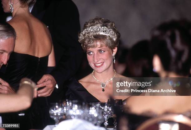 The Princess of Wales attends a gala dinner at the Royal York Hotel in Toronto during an official visit to Canada, October 1991.