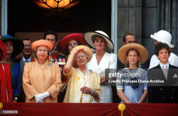 The Princess of Wales, The Queen and Queen Mother with other members of the Royal family on the balcony at Buckingham Palace for the Trooping of the...