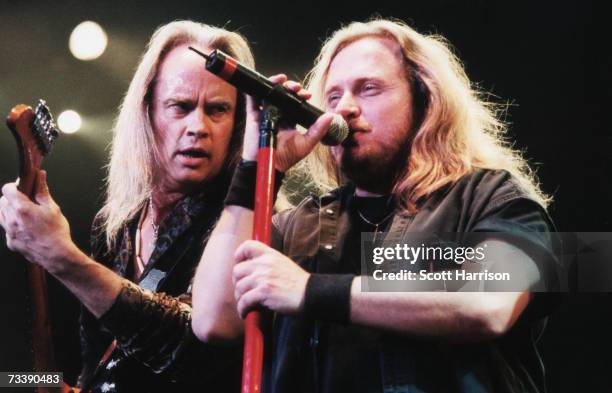 Guitarist Rickey Medlocke and singer Johnny Van Zant of American southern rock band Lynyrd Skynyrd perform on stage at the Mandalay Bay Events...