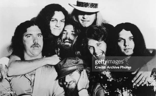 American southern rock band Lynyrd Skynyrd, circa 1976. Left to right: Billy Powell, Allen Collins, Artimus Pyle, Leon Wilkeson, Ronnie Van Zant ,...