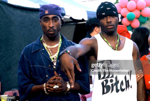 Tupac Shakur and Treach from Naughty by Nature backstage at KMEL Summer Jam 1992 at Shoreline Amphitheatre on August 1, 1992 in Mountain View...