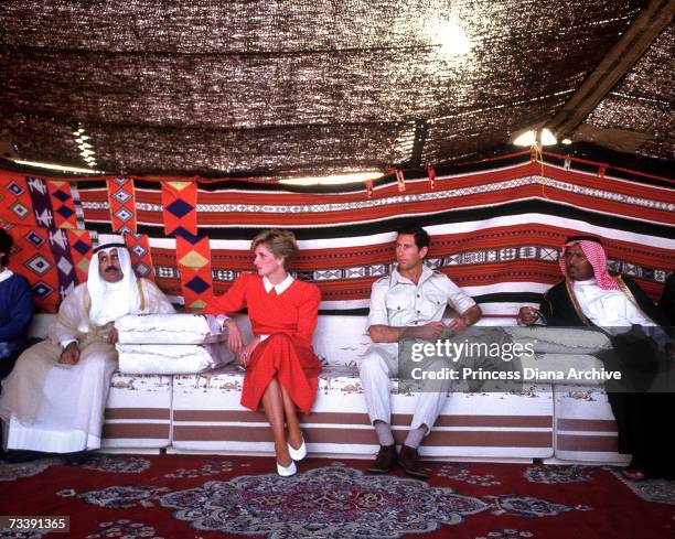 The Prince and Princess of Wales watching a camel race in the desert near Doha during an official visit to Qatar, November 1986.