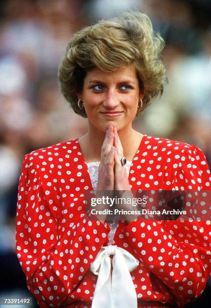 The Princess of Wales at the Guard's Polo Club, Smith's Lawn, Windsor, to present the trophy at the Cartier Polo Match, July 1988.