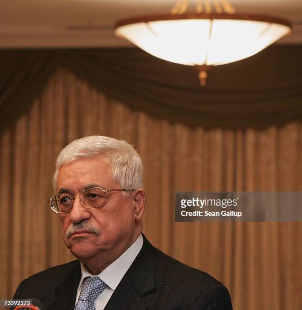 Palestinian President Mahmoud Abbas speaks to the media after talks with German Foreign Minister Frank-Walter Steinmeier at the Adlon Hotel February...
