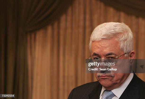 Palestinian President Mahmoud Abbas speaks to the media after talks with German Foreign Minister Frank-Walter Steinmeier at the Adlon Hotel February...