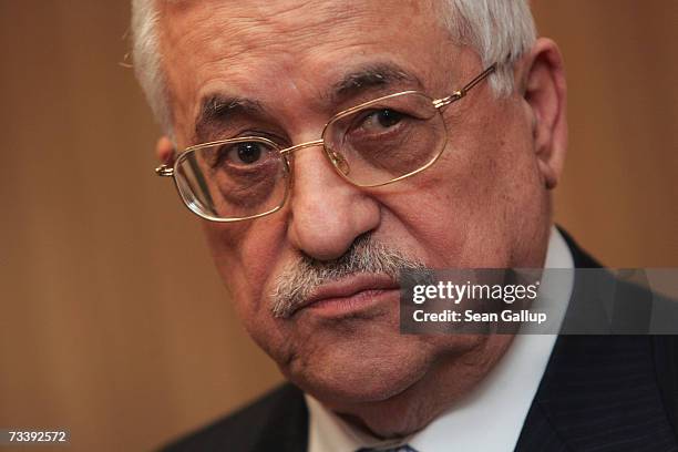 Palestinian President Mahmoud Abbas speaks to the media after talks with German Foreign Minister Frank-Walter Steinmeier at the Adlon Hotel February...