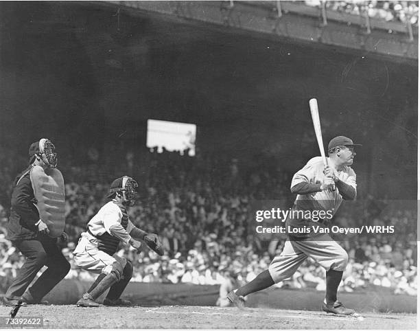 Babe Ruth lines a single to right field at League Park. The Yankees lost to the Indians 8-5. Ruth singled twice and struck out twice in a losing...