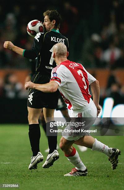 Miroslav Klose of Bremen stops the ball during the UEFA Cup round of 32 second leg match between Ajax Amsterdam and Werder Bremen at the Amsterdam...