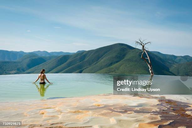 woman relaxing in thermal spring, hierve el agua, oaxaca, mexico. - oaxaca state 個照片及圖片檔