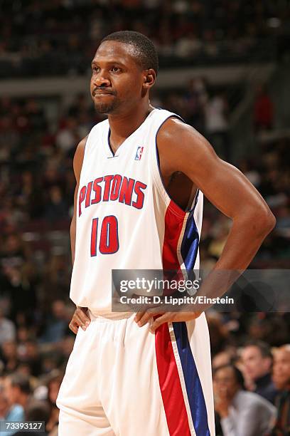 Lindsey Hunter of the Detroit Pistons is on the court during the game against the Toronto Raptors on February 10, 2007 at the Palace of Auburn Hills,...