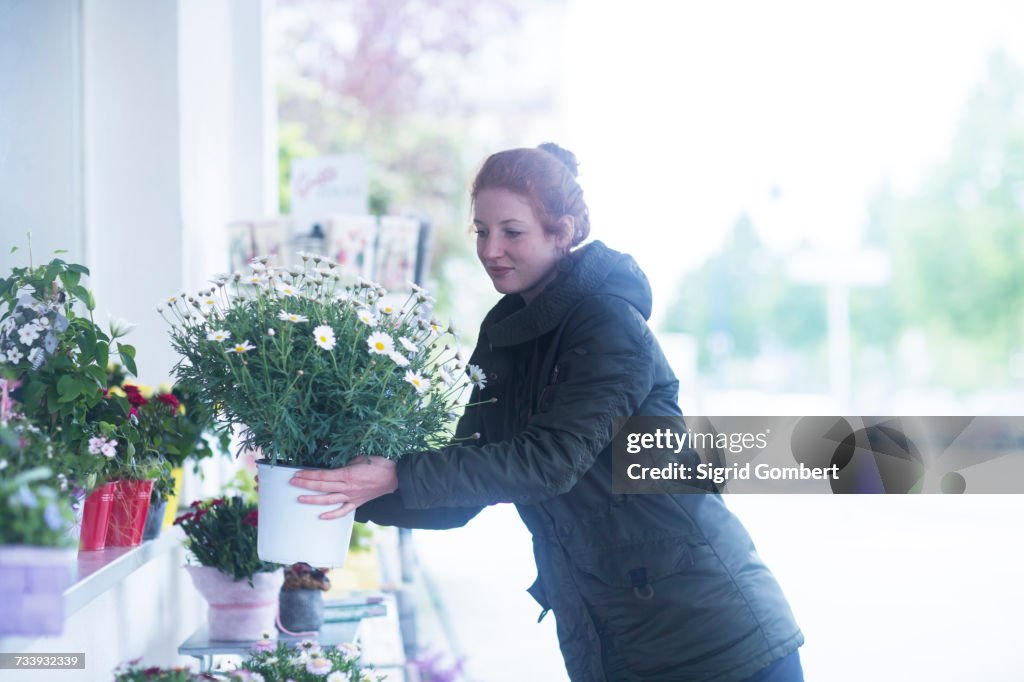 Florist working with potted plants