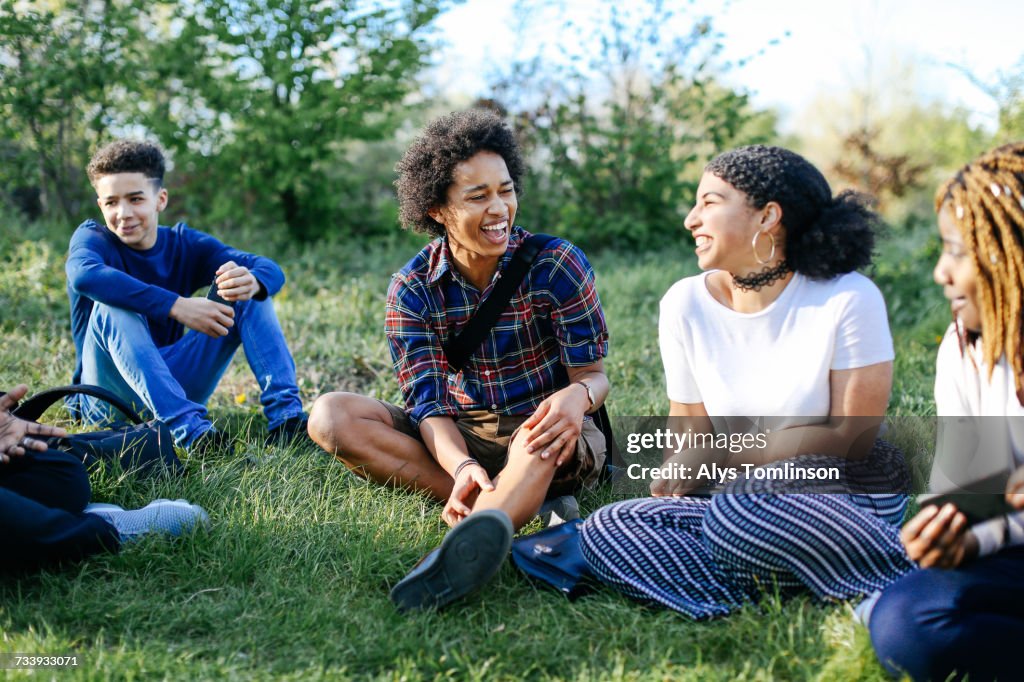 Group of friends sitting on grass, laughing