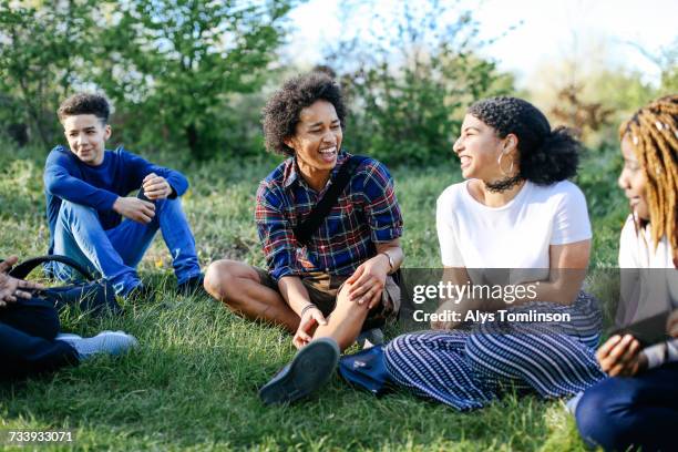 group of friends sitting on grass, laughing - ティーンエイジャーのみ ストックフォトと画像
