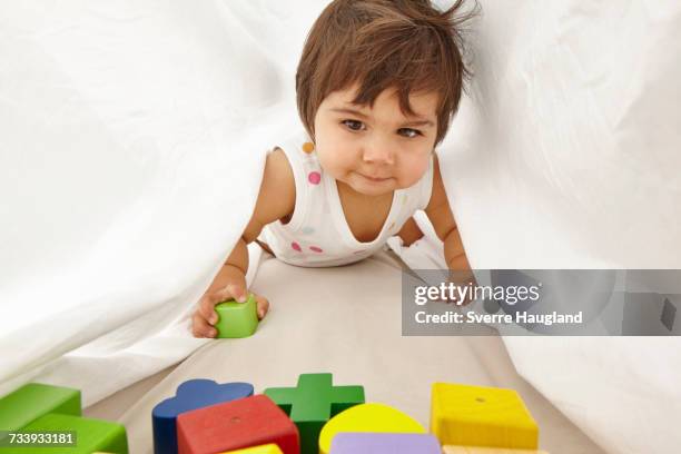 portrait of toddler, crawling between sheets - haugland stock pictures, royalty-free photos & images