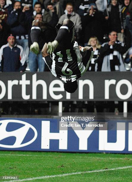 Obafemi Martins celebrates after the first goal for Newcastle during the UEFA Cup first knockout round, second leg match between Newcastle United and...