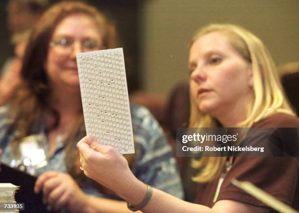 Election board staff and volunteers from both political parties manually recount presidential election votes November 17, 2000 in the Plantation's...
