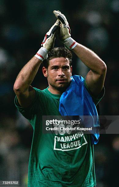 Goalkeeper Timm Wiese of Bremen celebrates winning the UEFA Cup round of 32 second leg match between Ajax Amsterdam and Werder Bremen on aggregate,...