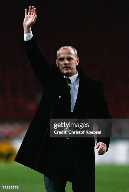 Head coach Thomas Schaaf of Bremen celebrates the qualifying for the next round after the UEFA Cup round of 32 second leg match between Ajax...