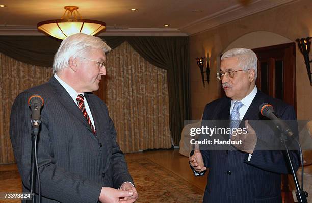 In this handout image provided by the Palestinian Press Office Palestinian President Mahmoud Abbas and German Foreign Minister Frank-Walter...