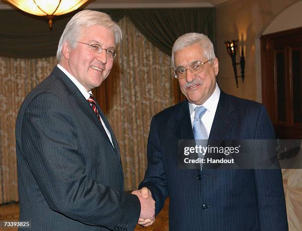 In this handout image provided by the Palestinian Press Office Palestinian President Mahmoud Abbas and German Foreign Minister Frank-Walter...