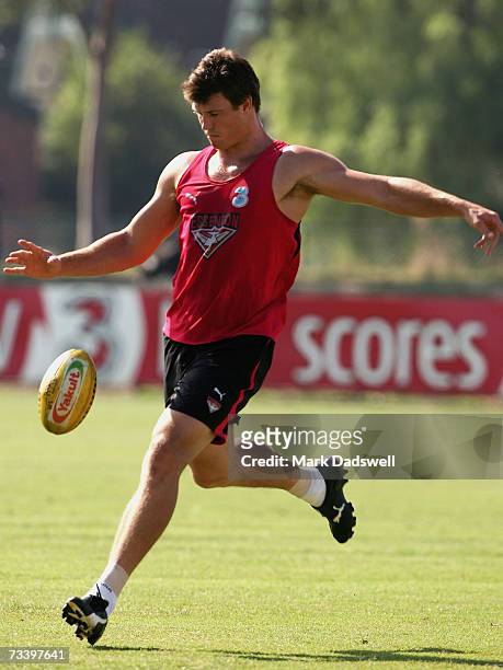 David Hille of the Bombers snaps for goal during the Essendon Bombers AFL training session at Windy Hill on February 23, 2007 in Melbourne, Australia