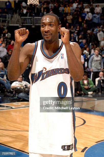 Gilbert Arenas of the Washington Wizards celebrates a win over the Sacramento Kings in NBA action February 22, 2007 at the Verizon Center in...