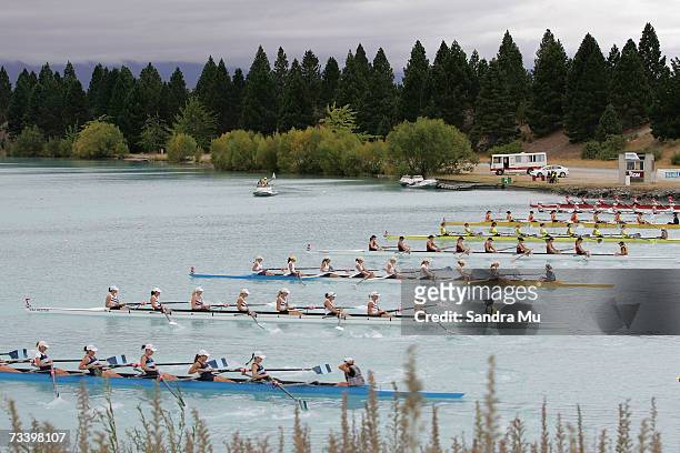 Boats leave the starters box to race up the lake during the Womens Senior eight Final during the New Zealand Rowing Nationals at Lake Ruataniwha...