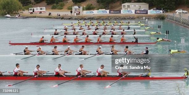 Boats line up at the start box for the Mens Senior eight Final during the New Zealand Rowing Nationals at Lake Ruataniwha February 23, 2007 in...