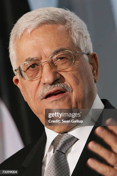 Palestinian President Mahmoud Abbas speaks to the media after talks with German Chancellor Angela Merkel on February 23, 2007 in Berlin, Germany....