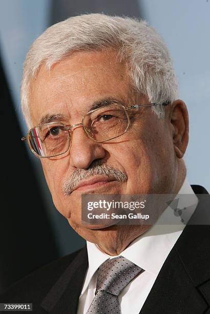 Palestinian President Mahmoud Abbas speaks to the media after talks with German Chancellor Angela Merkel on February 23, 2007 in Berlin, Germany....