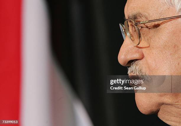 Palestinian President Mahmoud Abbas speaks to the media after talks with German Chancellor Angela Merkel on February 23, 2007 in Berlin, Germany....