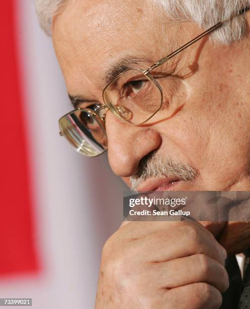 Palestinian President Mahmoud Abbas speaks to the media after talks with German Chancellor Angela Merkel on February 23, 2007 in Berlin, Germany....