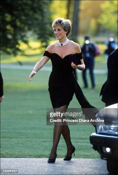Princess Diana arriving at the Serpentine Gallery, London, in a gown by Christina Stambolian, June 1994.